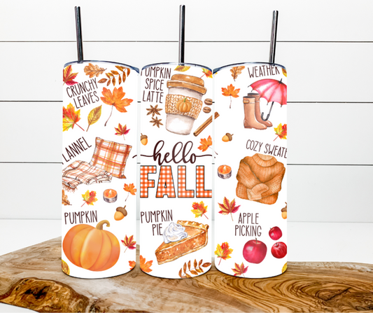 Hello Fall 20-Ounce Skinny Tumbler with straw and spill-proof travel lid