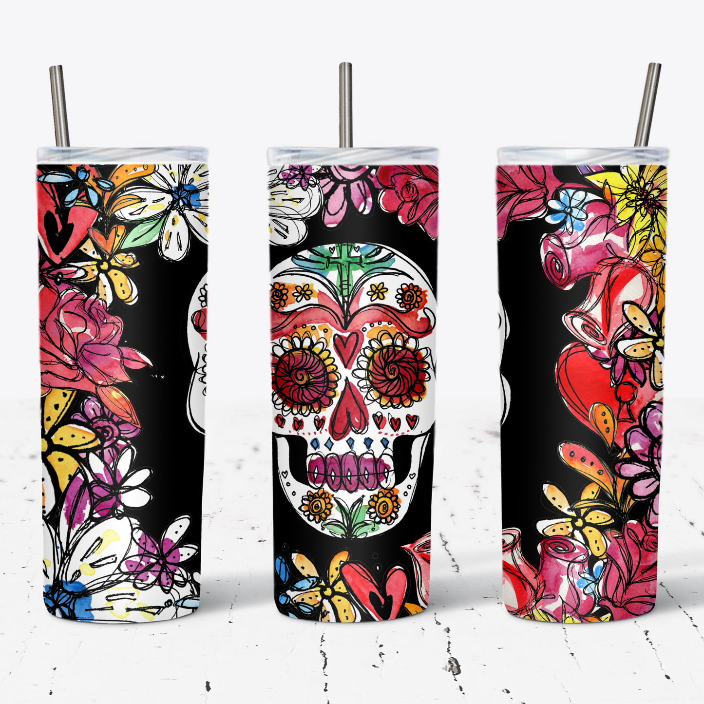 Sugar Skull 20-Ounce Skinny Tumbler Perfect for Halloween or Day of the Dead